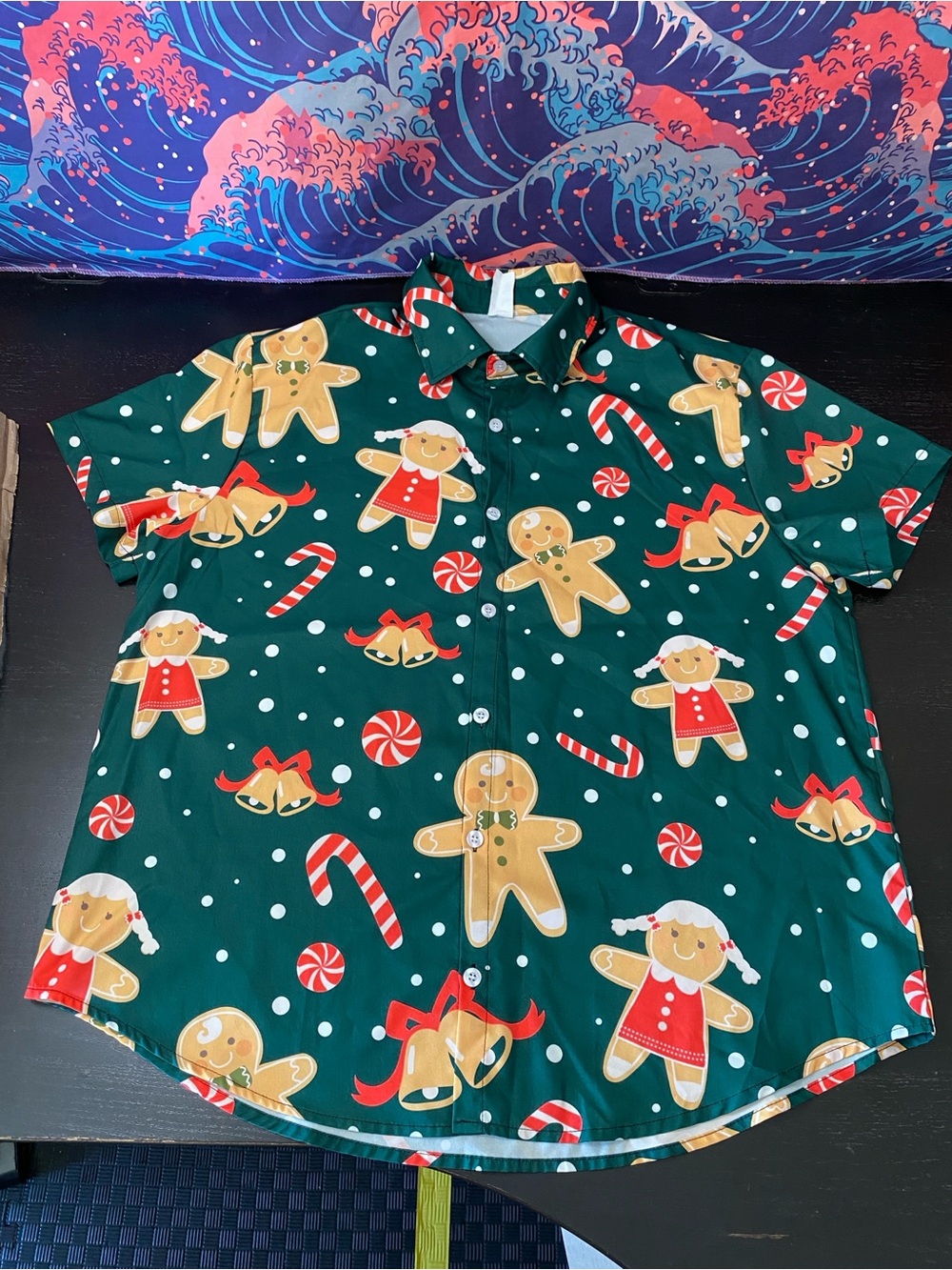 Green Christmas Cookie, Bells and Candy Canes Buttoned shirt